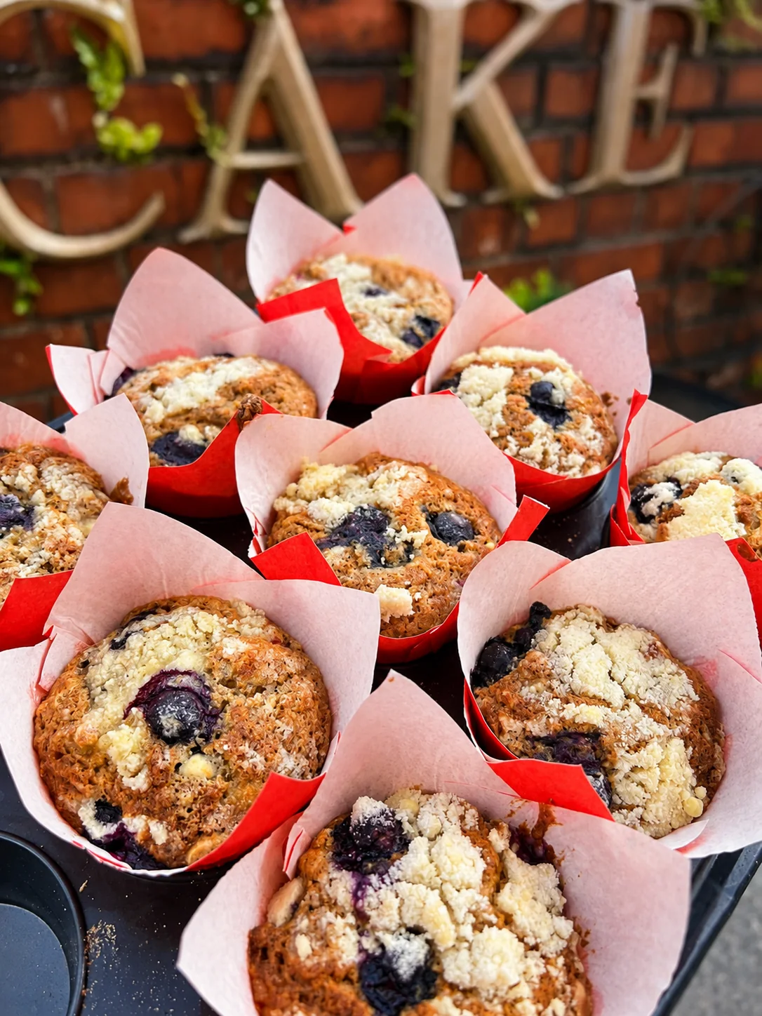 Fresh blueberry muffins in red paper cases