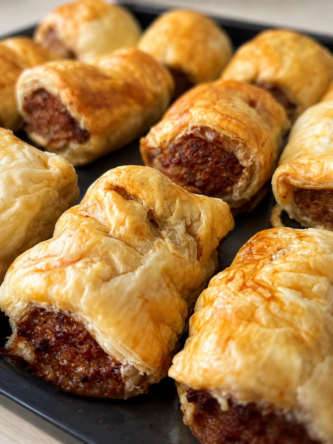 Homemade sausage rolls on a serving tray